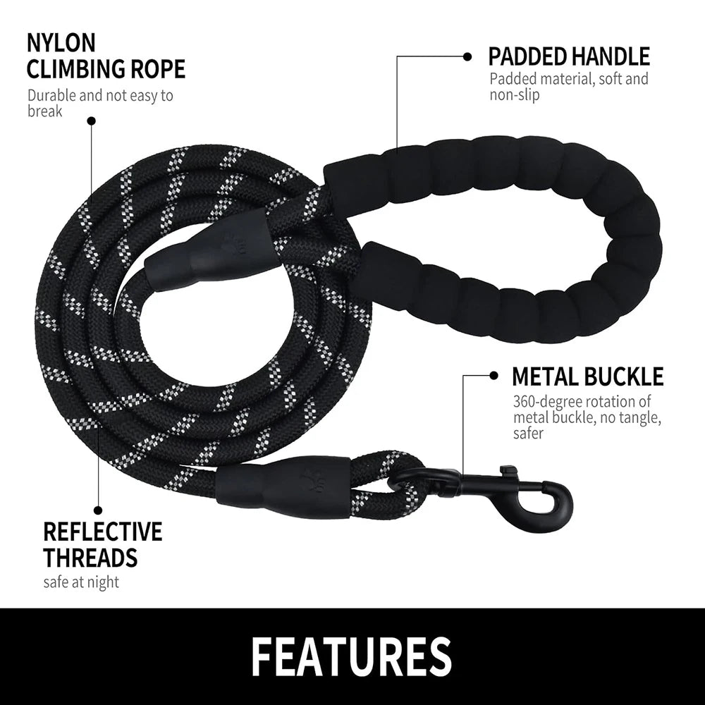 2 m Reflective Rope Dog Leash — Padded Handle, 360° Swivel, Quick-Release Clip