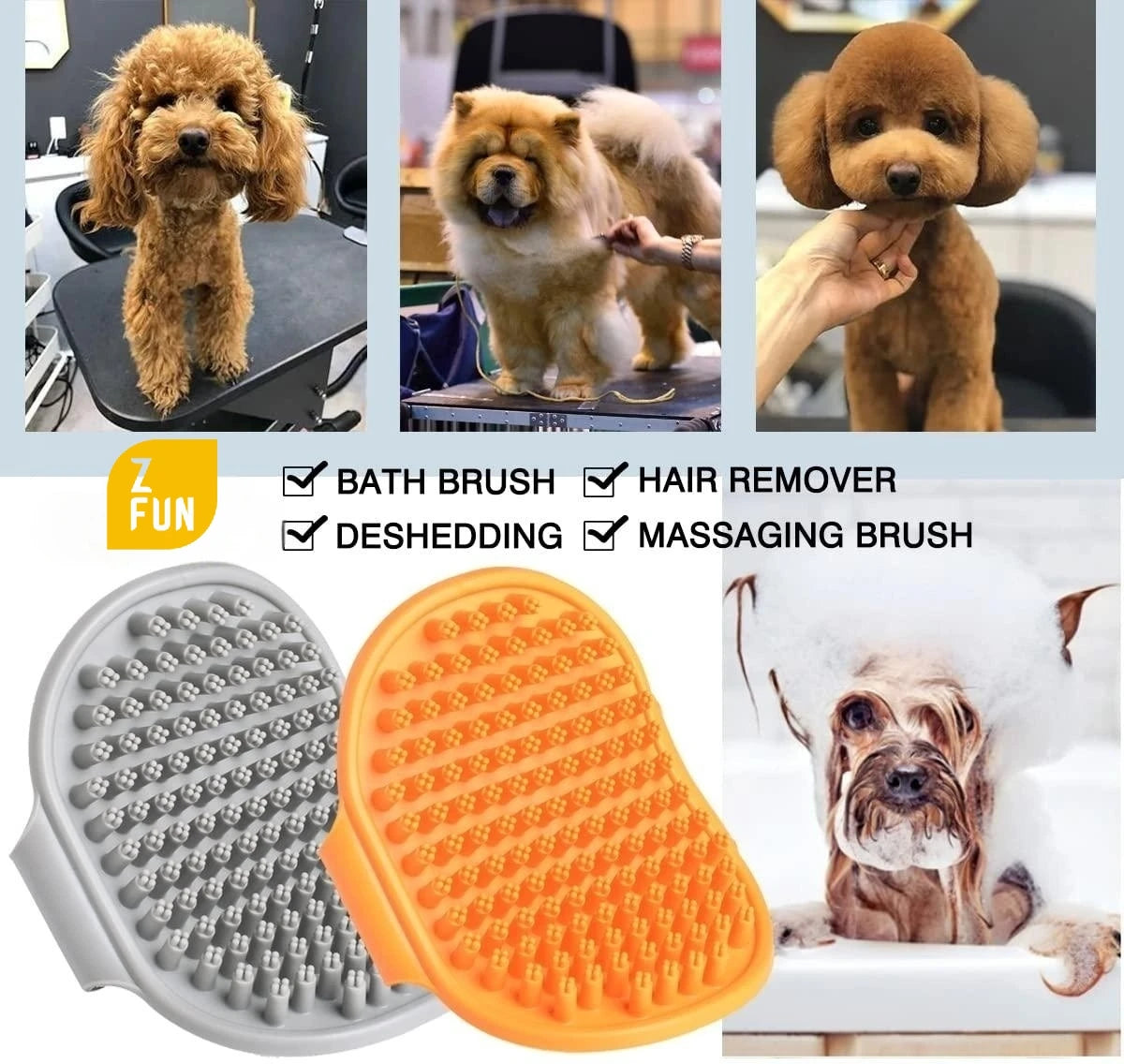 MRZFUN Pet Bath & Grooming Brush — Soft TRP Rubber with Adjustable Ring Handle