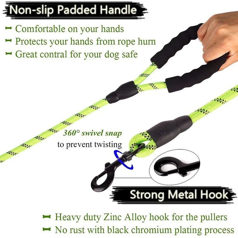 2 m Reflective Rope Dog Leash — Padded Handle, 360° Swivel, Quick-Release Clip