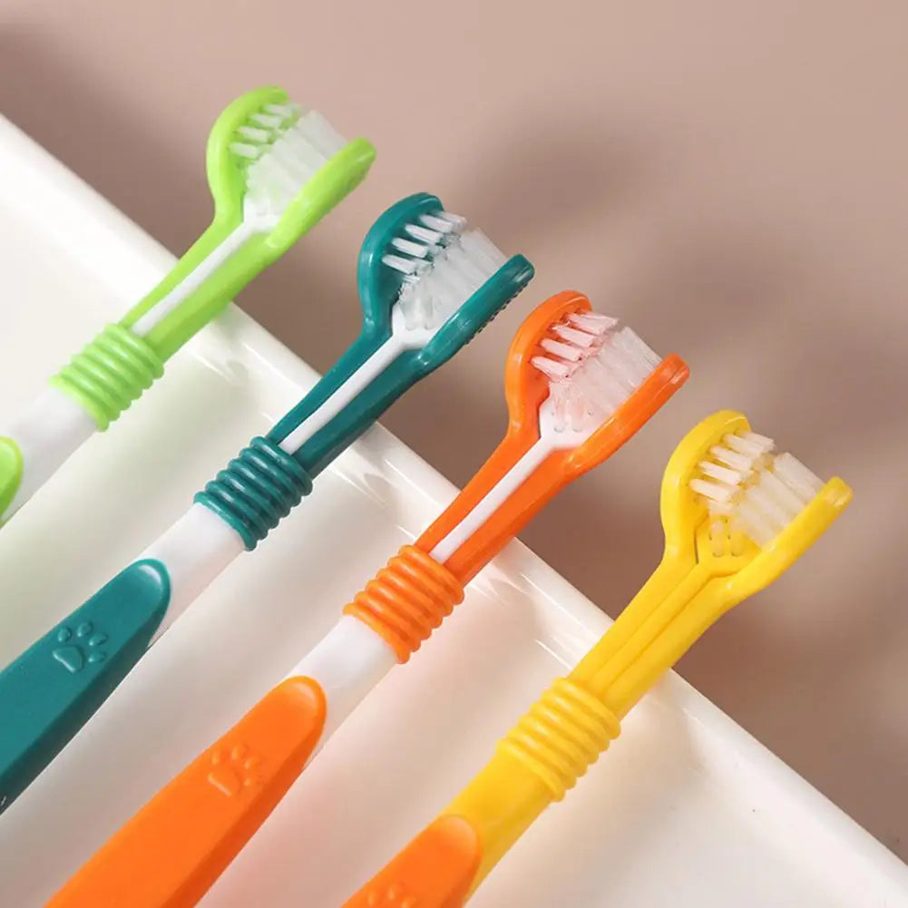 Triple-Head Pet Toothbrush — Plastic + Nylon, Soft Bristles