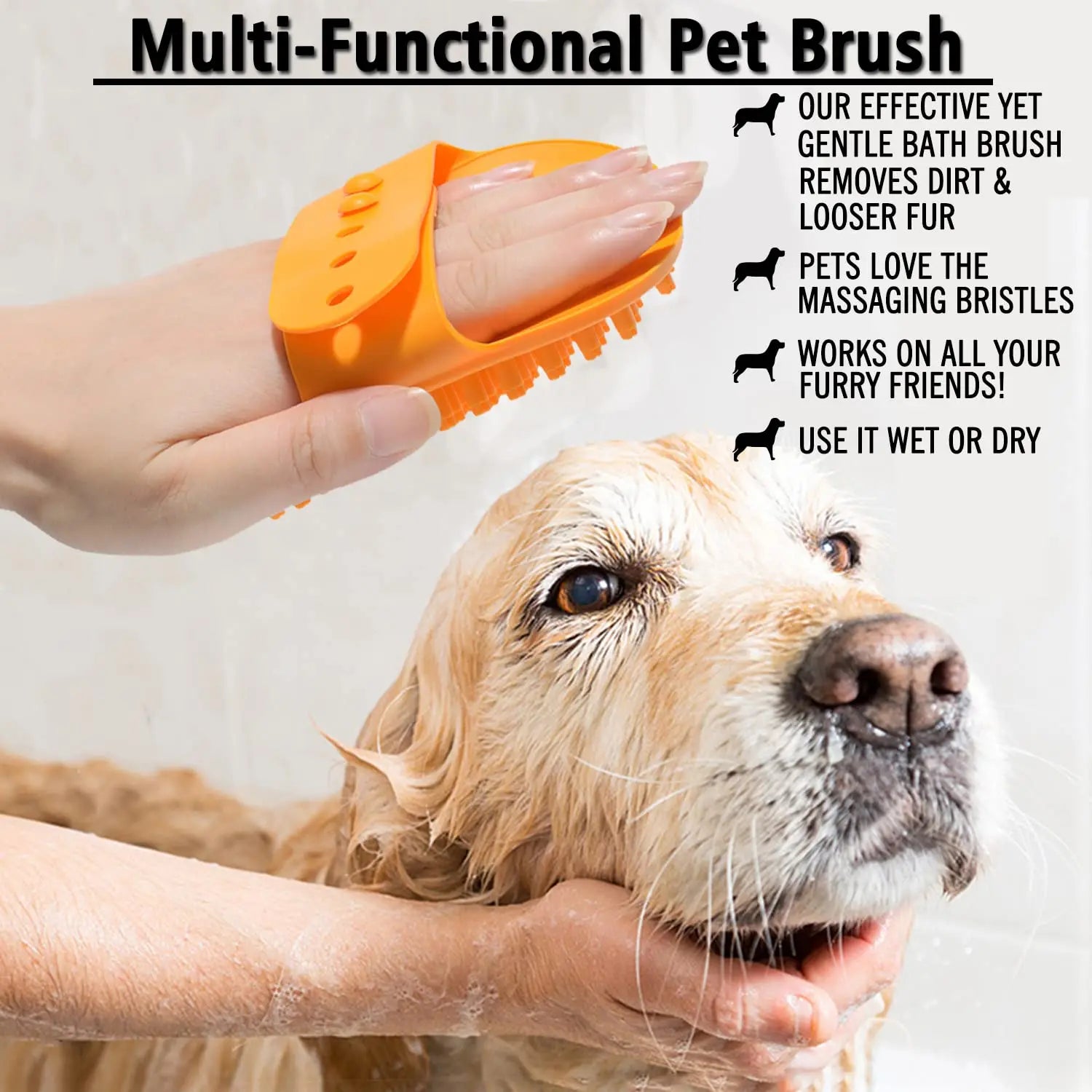 MRZFUN Pet Bath & Grooming Brush — Soft TRP Rubber with Adjustable Ring Handle