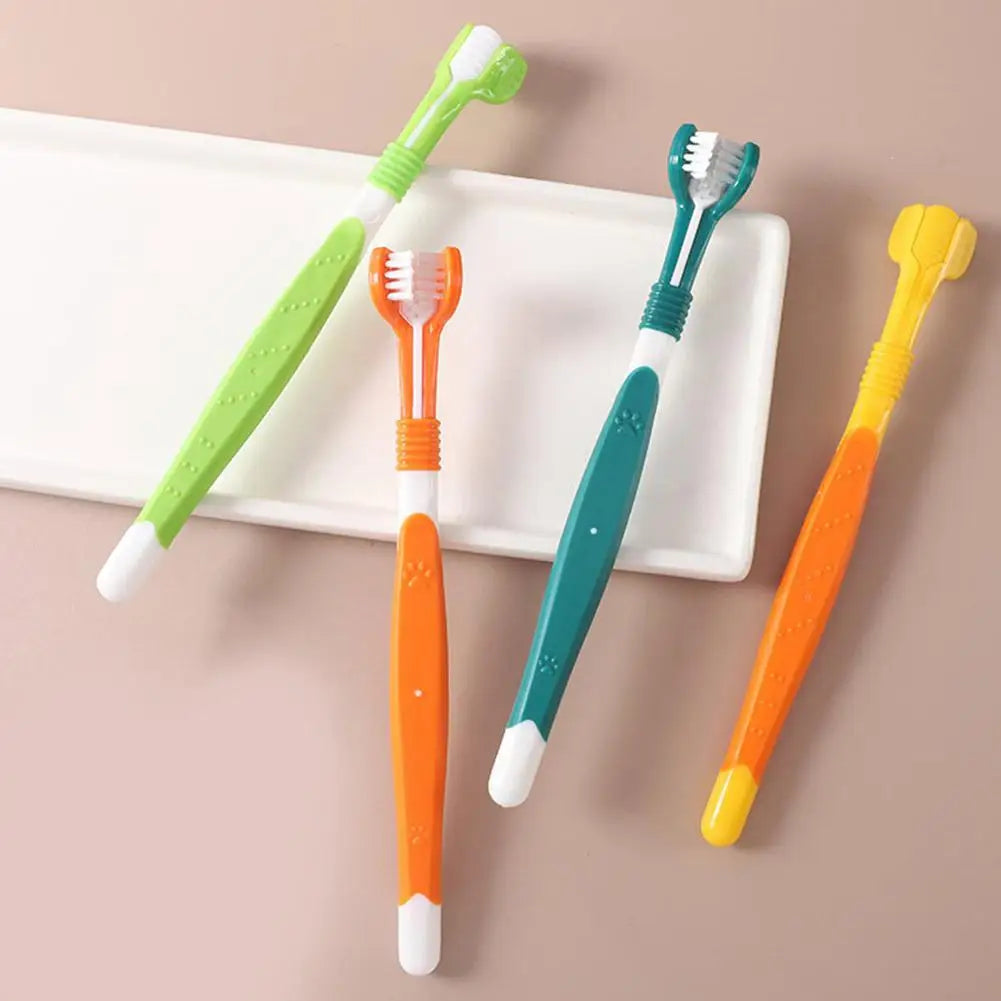 Triple-Head Pet Toothbrush — Plastic + Nylon, Soft Bristles