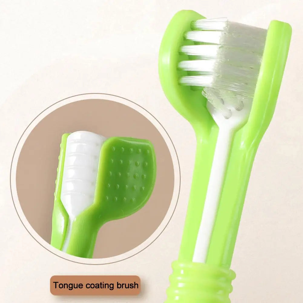 Triple-Head Pet Toothbrush — Plastic + Nylon, Soft Bristles