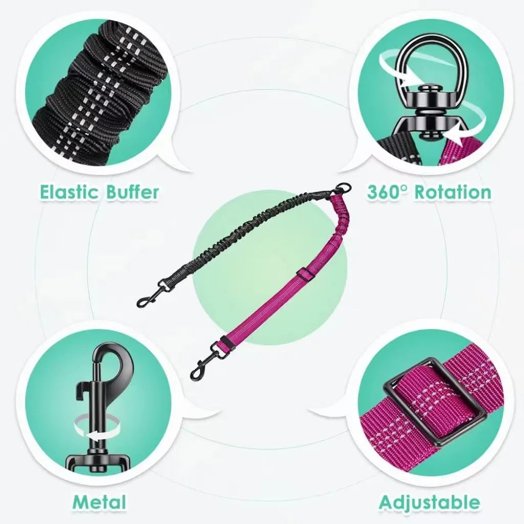 GOYN Double Dog Leash — Two-Dog Splitter Lead (Striped Nylon, Buckle Clip)