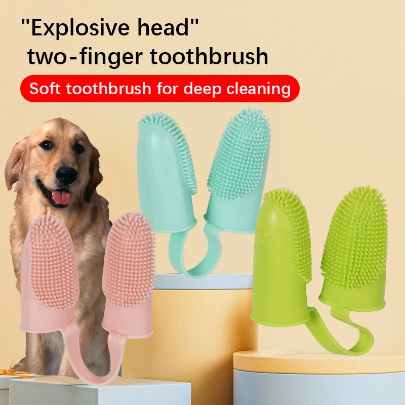 Dual-Finger Pet Toothbrush — TPR, 800+ Soft Bristles
