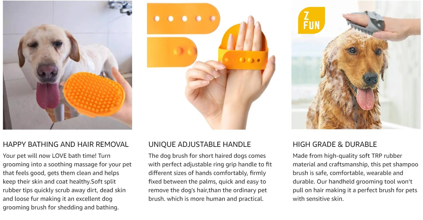 MRZFUN Pet Bath & Grooming Brush — Soft TRP Rubber with Adjustable Ring Handle