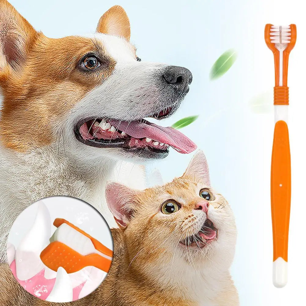 Triple-Head Pet Toothbrush — Plastic + Nylon, Soft Bristles