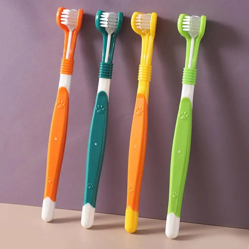 Triple-Head Pet Toothbrush — Plastic + Nylon, Soft Bristles