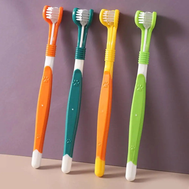 Triple-Head Pet Toothbrush — Plastic + Nylon, Soft Bristles