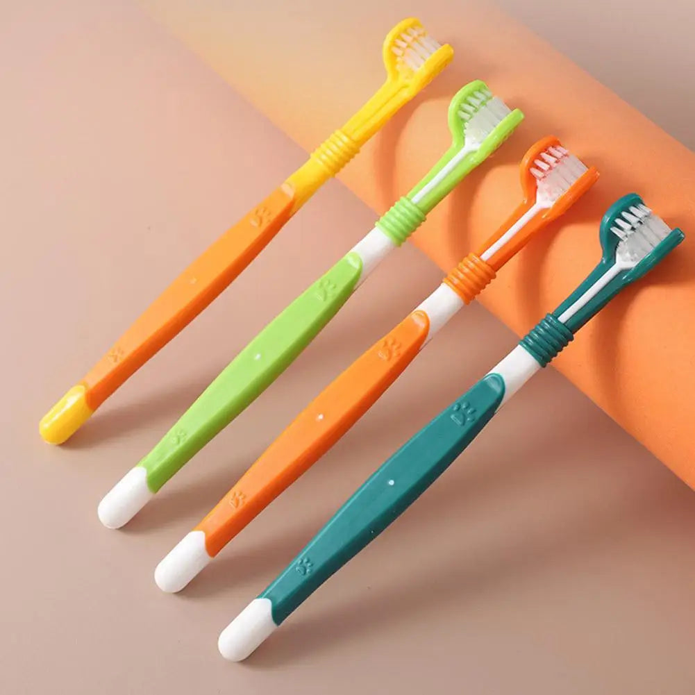 Triple-Head Pet Toothbrush — Plastic + Nylon, Soft Bristles