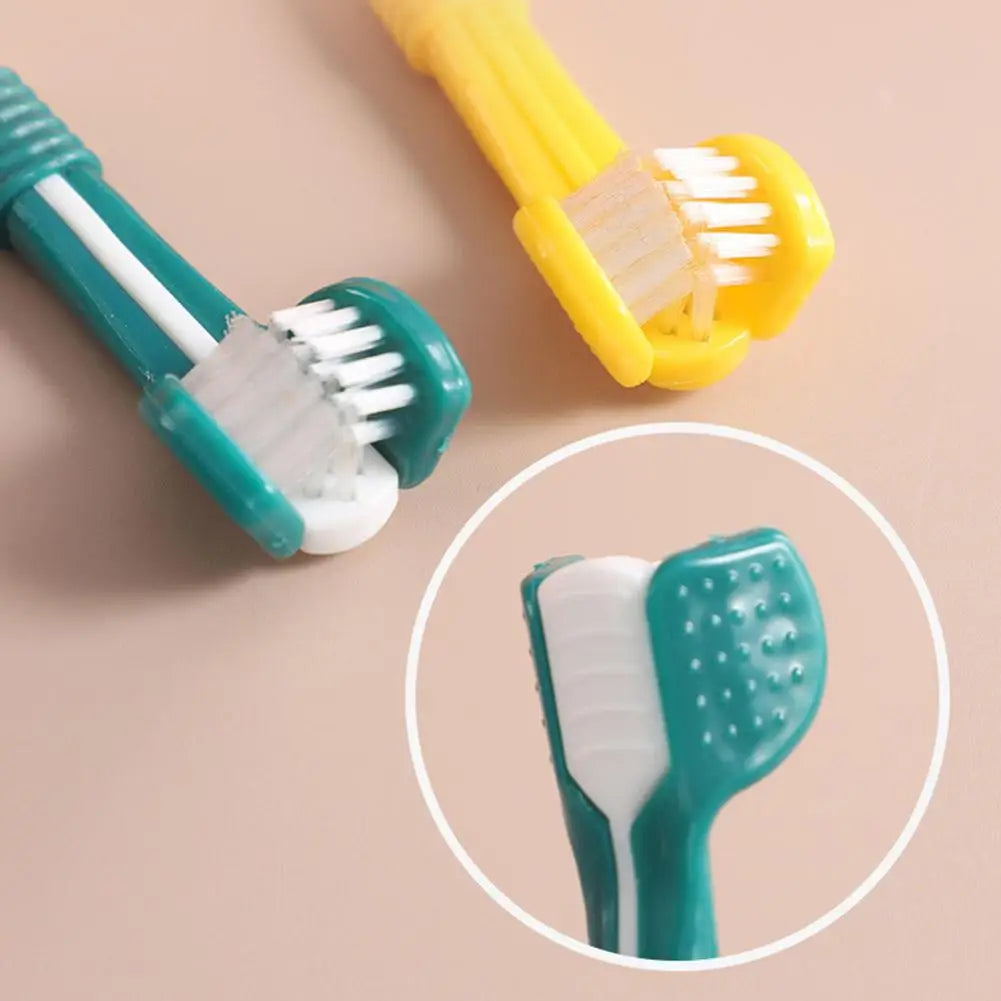 Triple-Head Pet Toothbrush — Plastic + Nylon, Soft Bristles